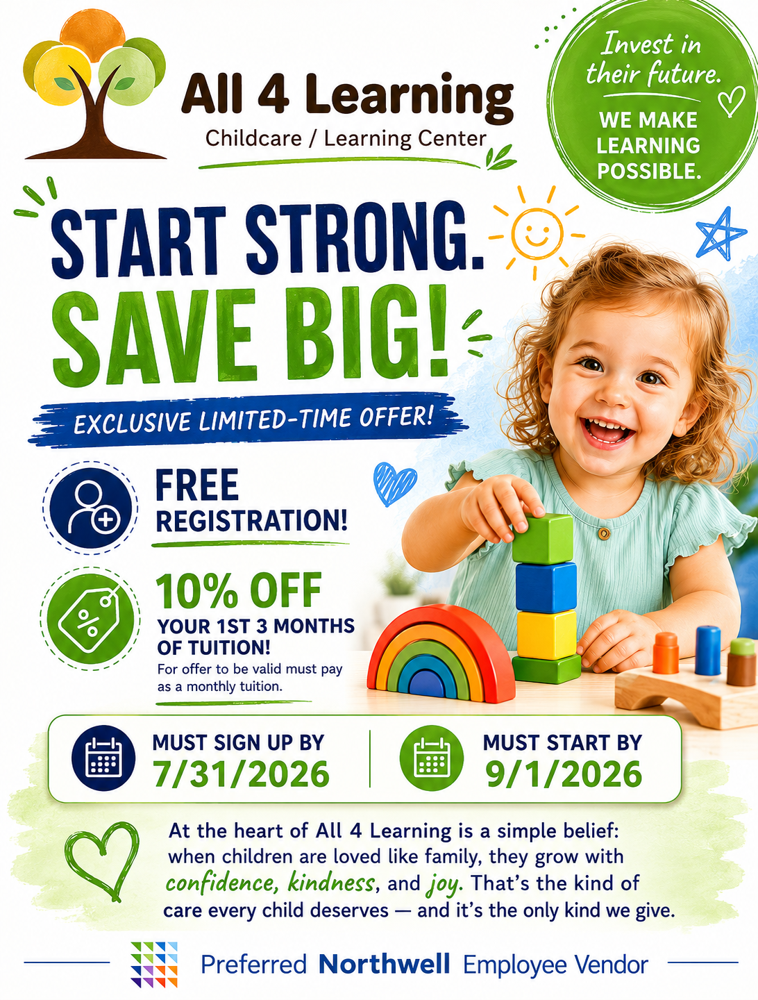 All 4 Learning — Start Strong, Save Big. Free registration plus 10% off your first 3 months of tuition. Sign up by 7/31/2026, start by 9/1/2026. Preferred Northwell employee vendor.